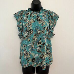 Rachel Zoe Sleeveless Ruffle Teal Floral Blouse, Size Medium